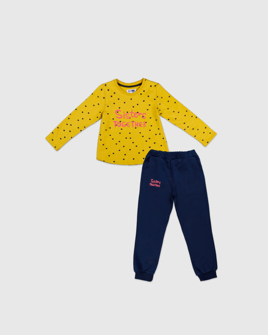 Besties/Sisters Shirt and Pants - Yellow Poka Dots and Dark Blue pants